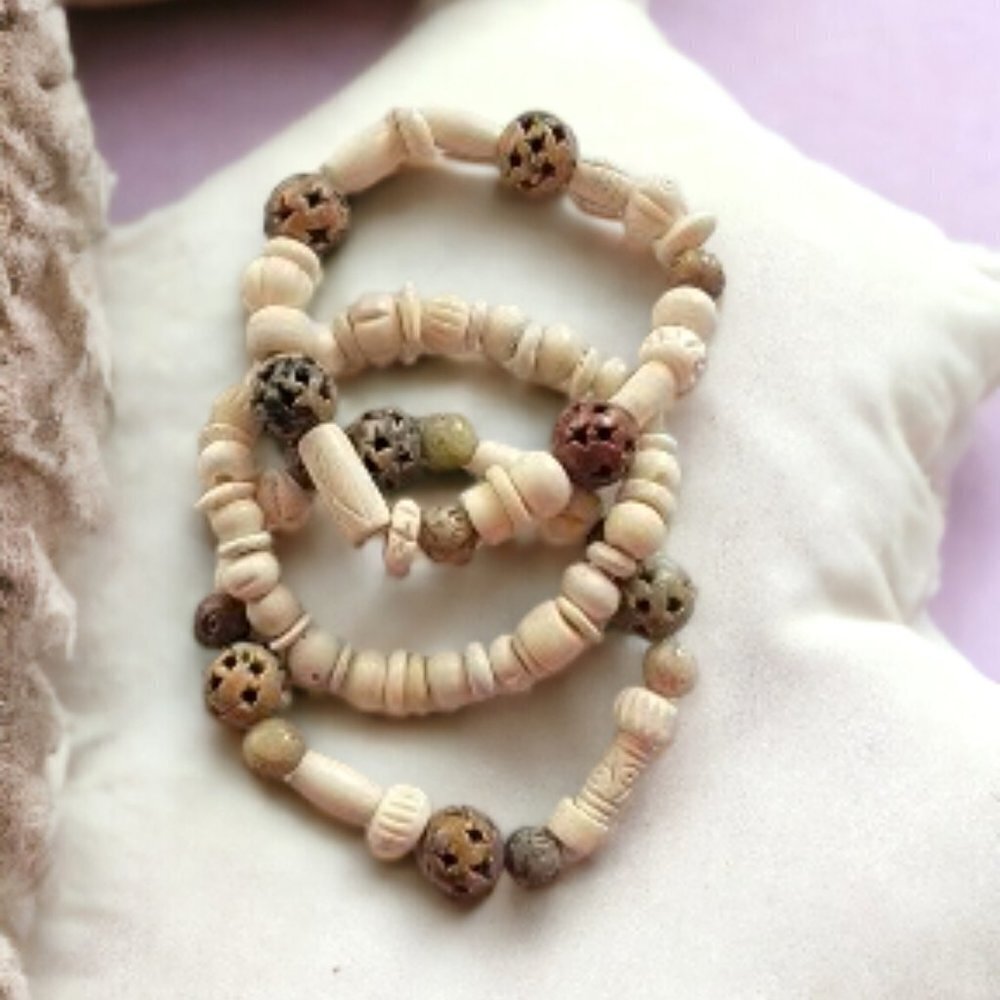 Ivory and Brown Acrylic Boho Southwestern Stretch‎ Bracelets Set of 3